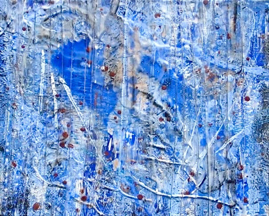 Pollock Rain /                    Encaustic on Birch Plywood       12”x16”