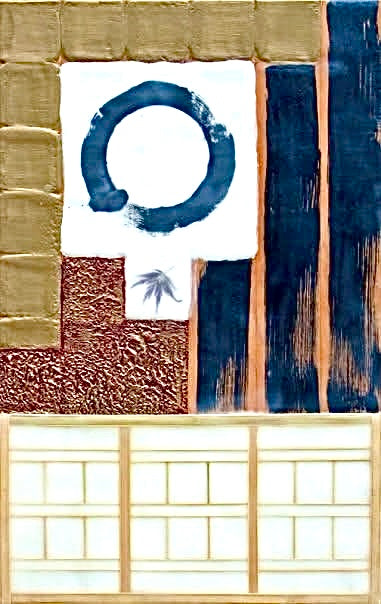Enso /                               Encaustic, Bamboo, Maple Leaf on Birch Plywood                         24”x12”